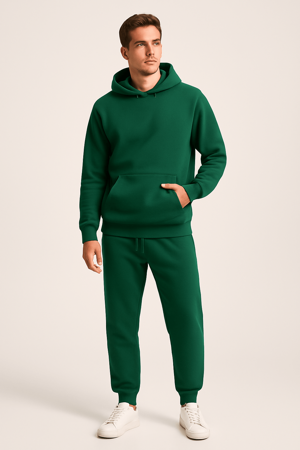 Homme portant un survêtement vert avec capuche, poches kangourou et baskets blanches. Mode décontractée, tendance automne-hiver, style urbain.