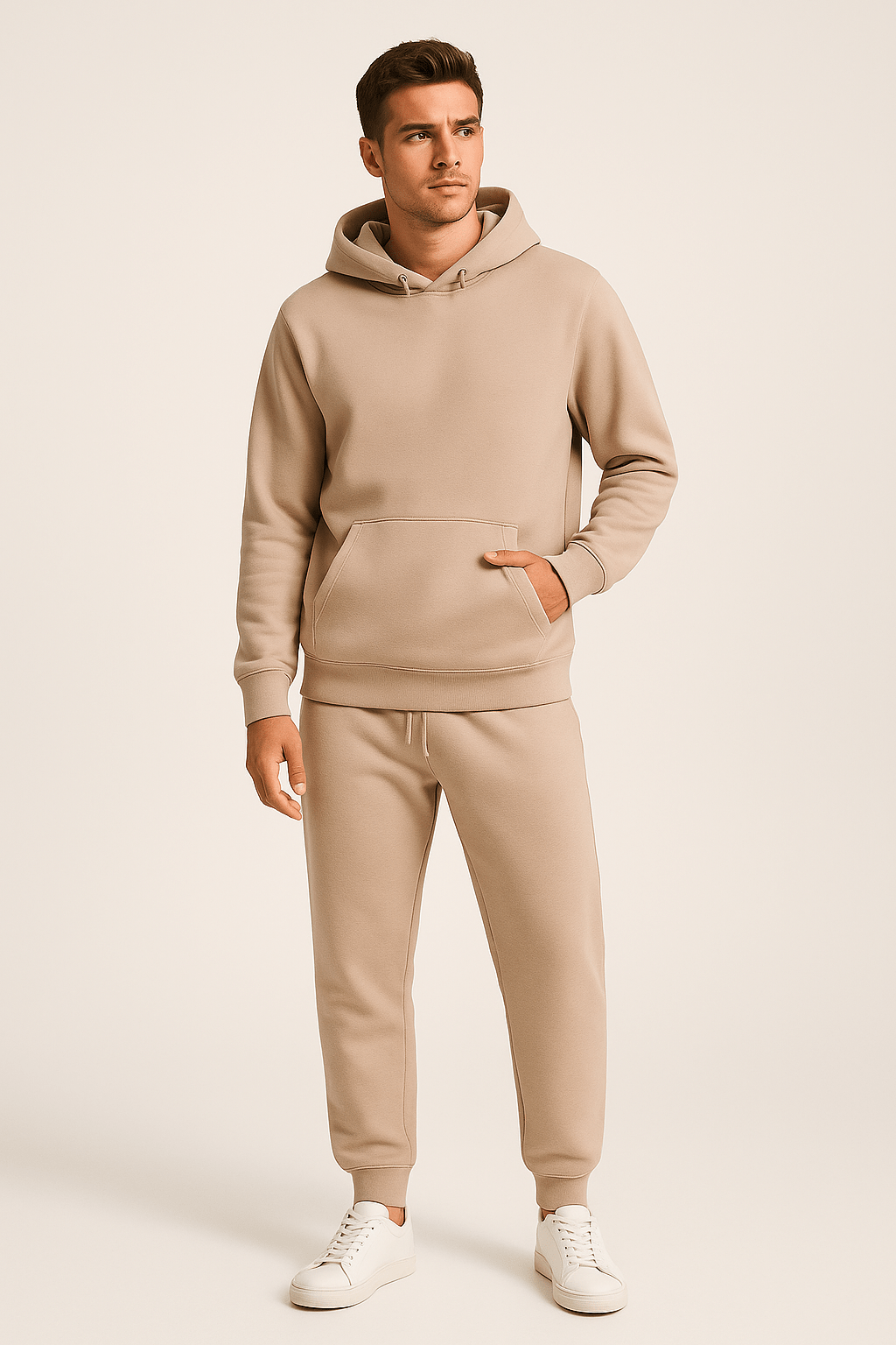 Homme portant un ensemble de survêtement beige avec capuche, poches kangourou et baskets blanches. Mode décontractée, tendance automne-hiver.