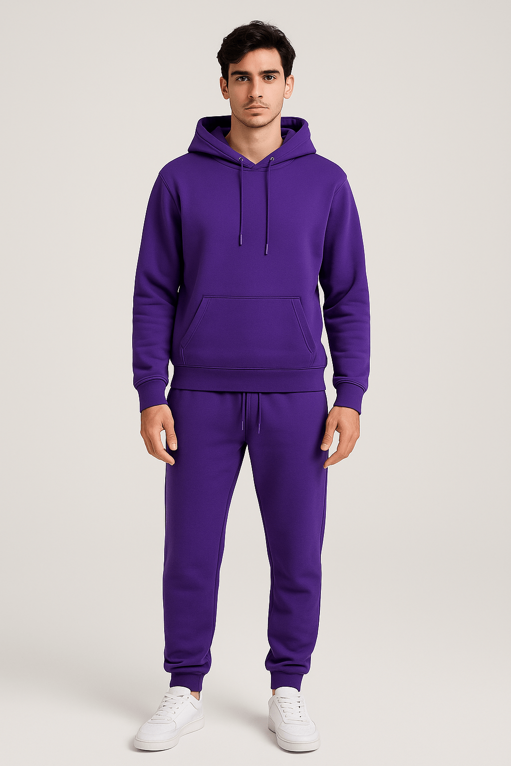 Homme portant un ensemble de survêtement violet avec capuche, poches kangourou et cordons, assorti à un pantalon de jogging, sur fond neutre.