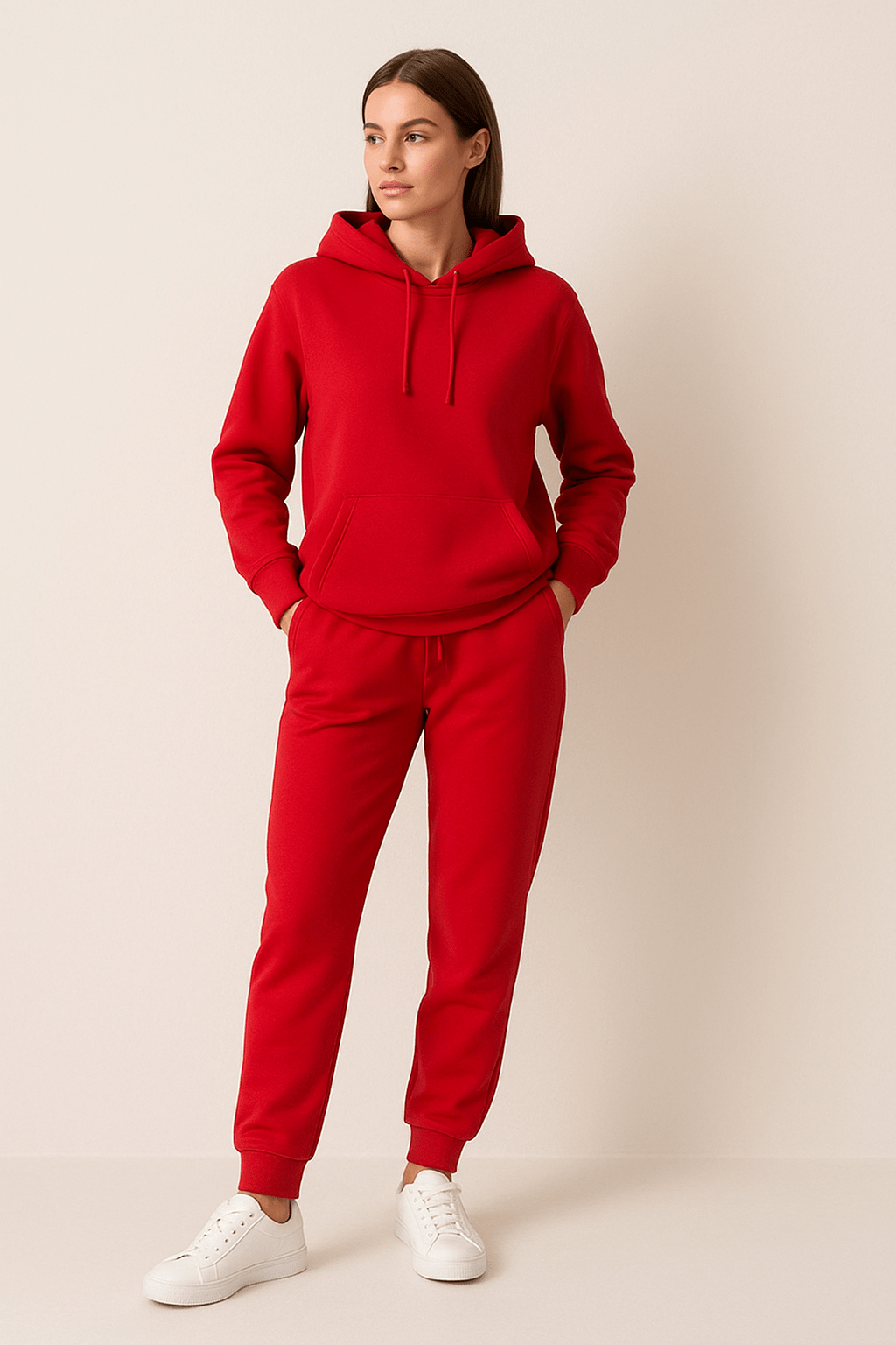 Femme portant un survêtement rouge avec capuche, mains dans les poches, posant contre un mur beige. Mode décontractée, style urbain, baskets blanches.