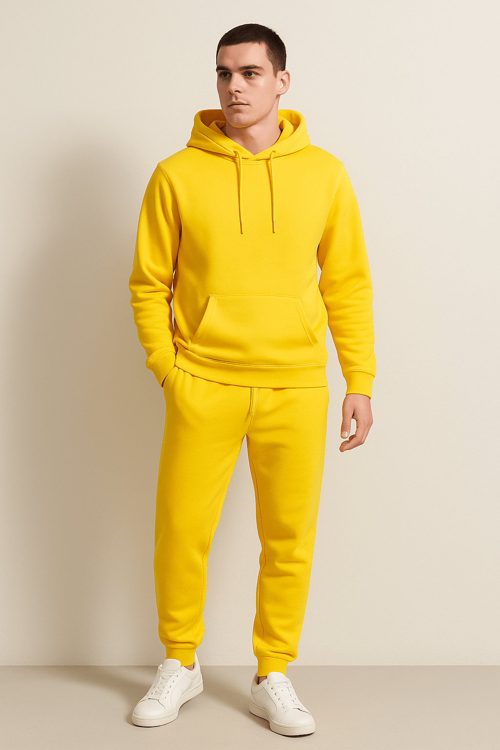 Homme portant un survêtement jaune vif avec capuche, pantalon assorti et baskets blanches, debout contre un mur beige. Mode décontractée tendance.