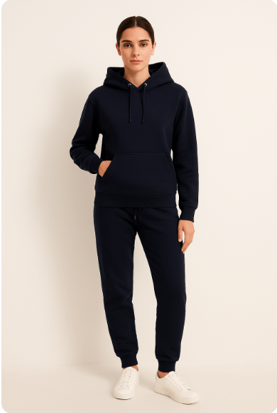 Femme portant un survêtement bleu marine avec capuche, poches kangourou et baskets blanches. Mode décontractée, tenue confortable, style moderne.