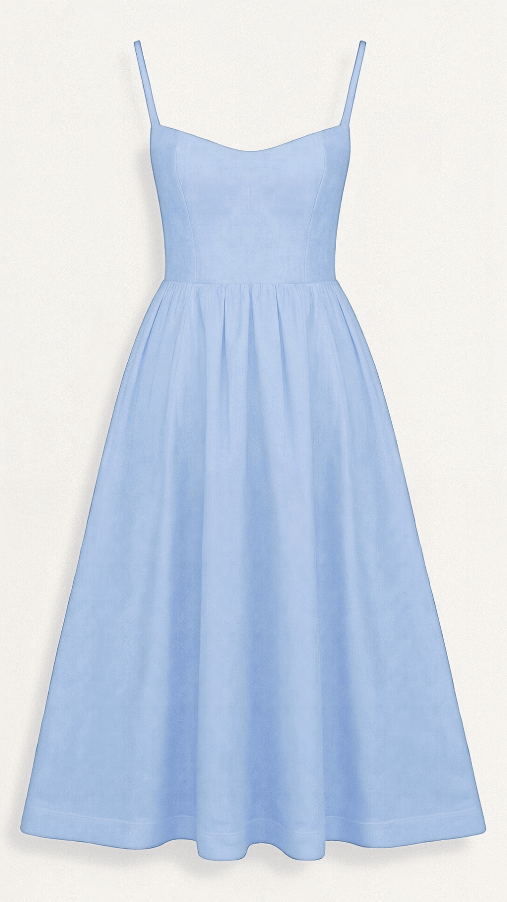 Robe bleue élégante à bretelles fines, coupe évasée, tissu léger. Mode féminine, tenue estivale, style classique.