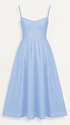 Robe bleue élégante à bretelles fines, coupe évasée, tissu léger. Mode féminine, tenue estivale, style classique.