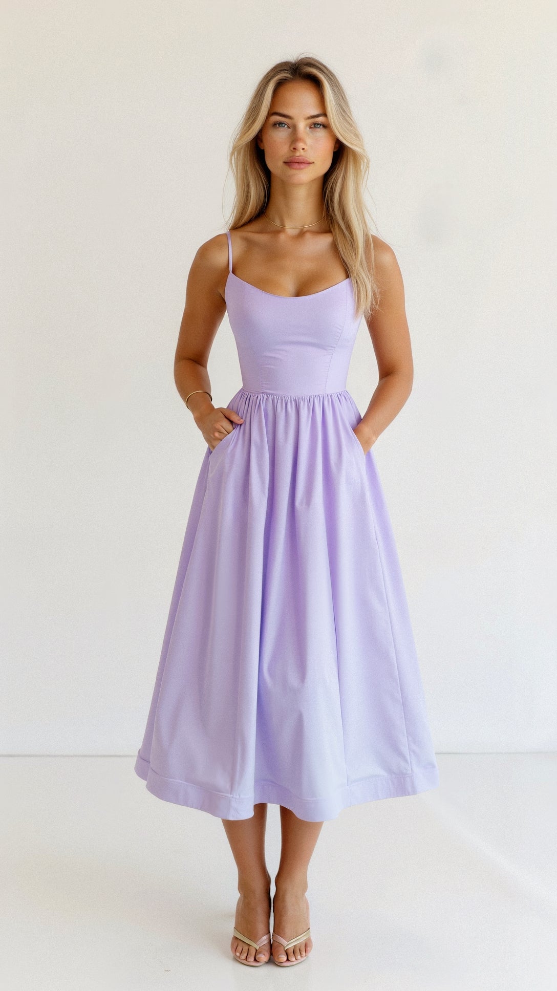 Robe longue lilas élégante avec bretelles fines, portée par une femme blonde. Mode féminine, tenue estivale chic, style décontracté.