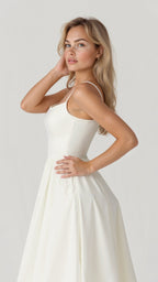 Jeune femme en robe blanche élégante, posant de profil, main dans les cheveux, sur fond neutre. Mode féminine, style chic, robe de soirée.