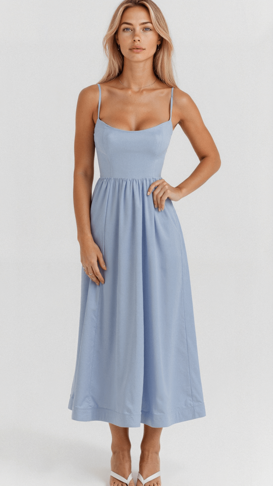 Femme portant une robe bleue élégante, longue et sans manches, avec des bretelles fines, posant sur fond blanc. Mode féminine, tenue estivale chic.