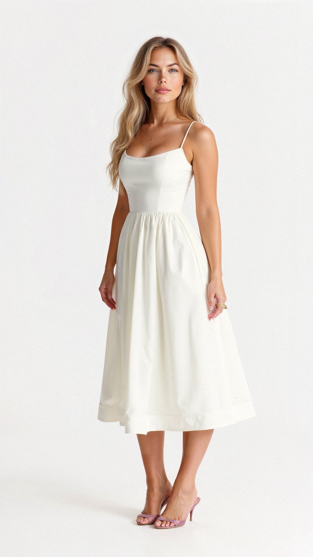 Robe blanche élégante mi-longue avec bretelles fines, portée par une femme sur fond blanc. Mode féminine, tenue estivale chic, style minimaliste.