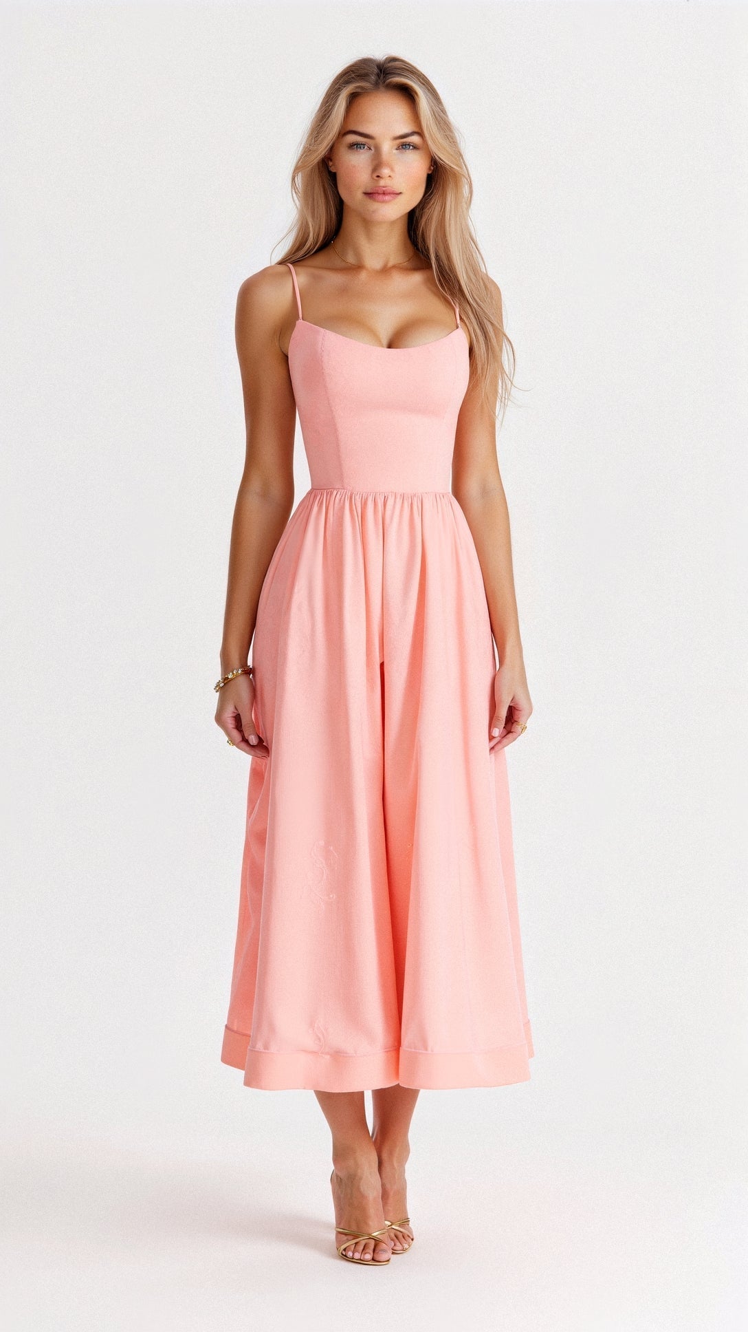 Robe longue rose pêche élégante avec bretelles fines, portée par une femme. Mode féminine, tenue estivale chic, style décontracté.