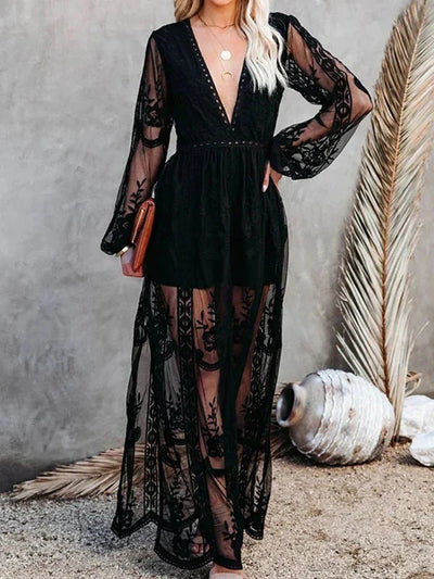 Mabyn - Vestido largo de encaje bohemio atemporal para mujer
