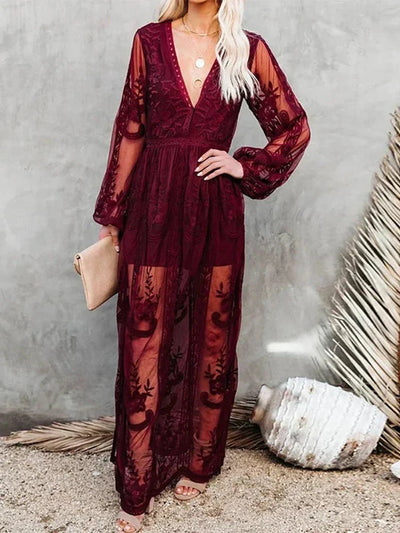 Mabyn - Vestido largo de encaje bohemio atemporal para mujer
