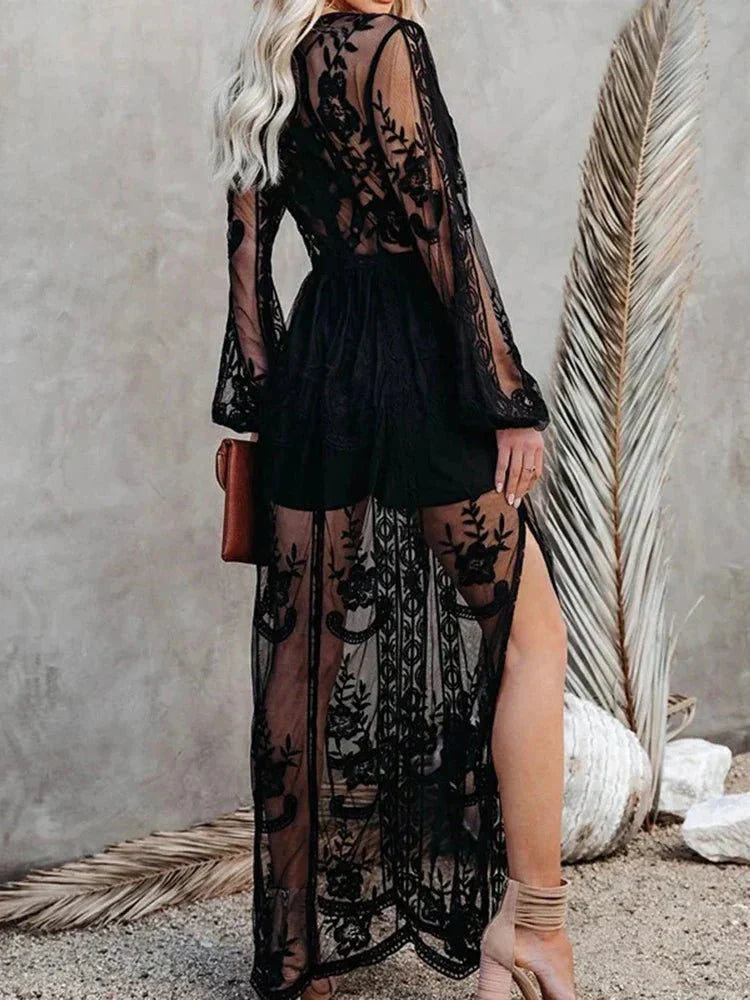 Mabyn - Vestido largo de encaje bohemio atemporal para mujer