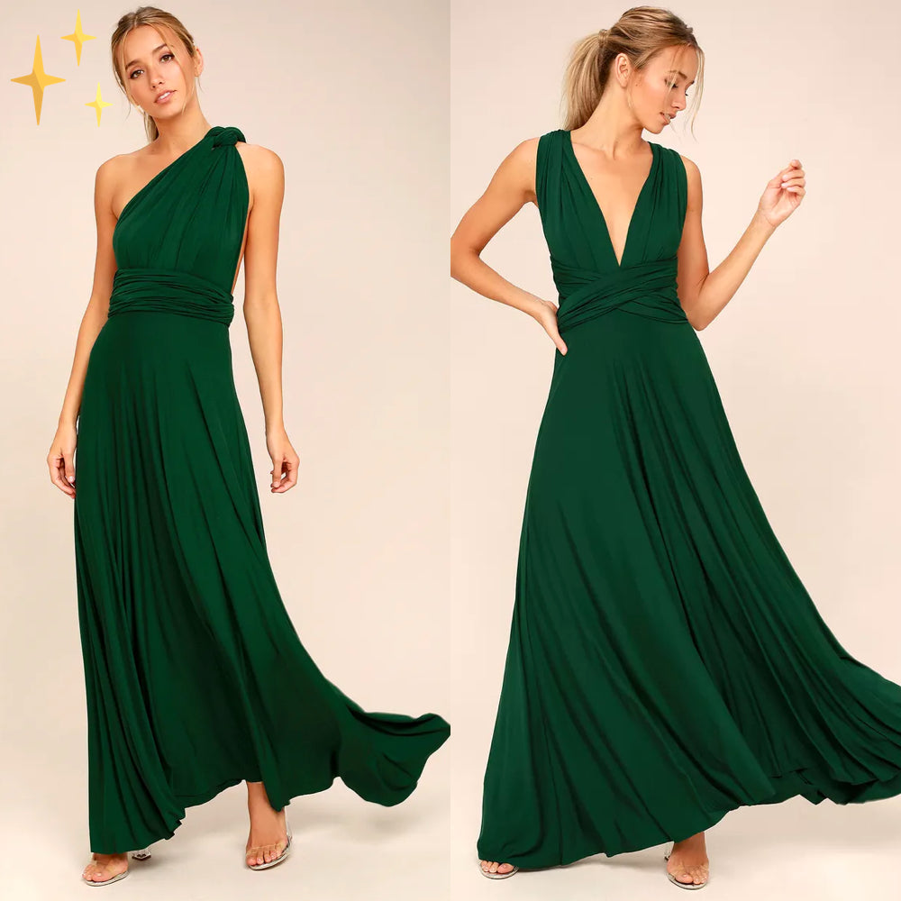 Robe longue verte élégante, convertible avec bretelles ajustables, style soirée chic, tissu fluide, idéale pour événements formels et mariages.