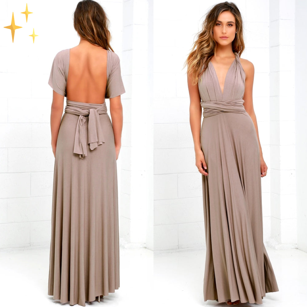 Robe longue taupe élégante avec dos nu et décolleté plongeant, ceinture nouée à la taille, idéale pour soirées et événements formels.
