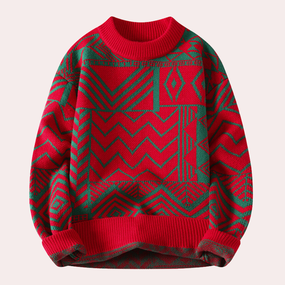 Pull-over rouge et vert à motifs géométriques, style vintage, manches longues, col rond. Mode hiver, tendance rétro, vêtement chaud.
