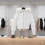 Sort dunjakke med hætte og kunstpels til kvinder