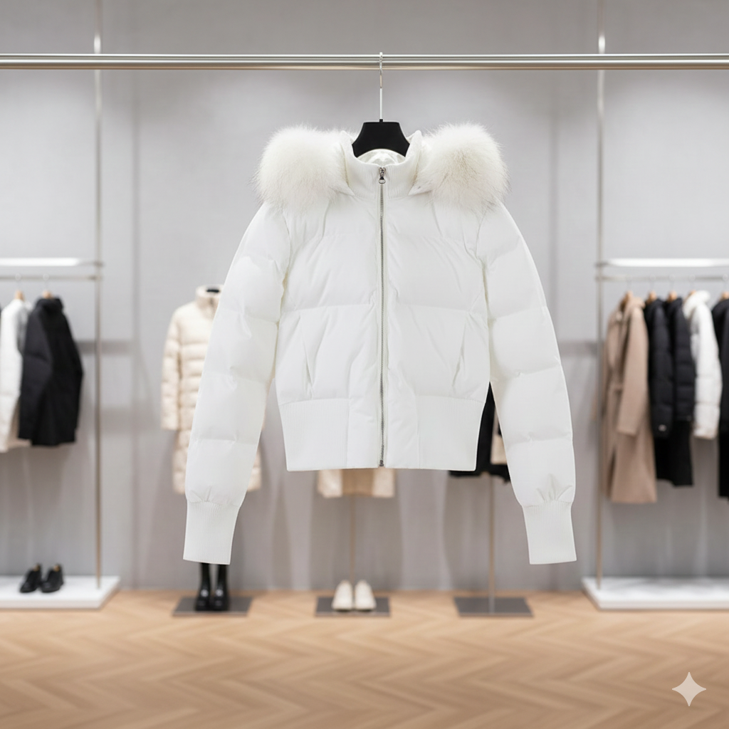 Sort dunjakke med hætte og kunstpels til kvinder