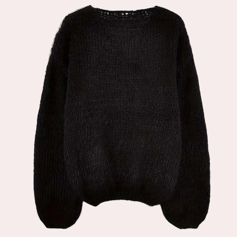 Pull noir en laine mohair, manches longues, col rond. Vêtement chaud et élégant pour l'hiver, style décontracté et tendance.