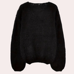 Pull noir en laine mohair, manches longues, col rond. Vêtement chaud et élégant pour l'hiver, style décontracté et tendance.
