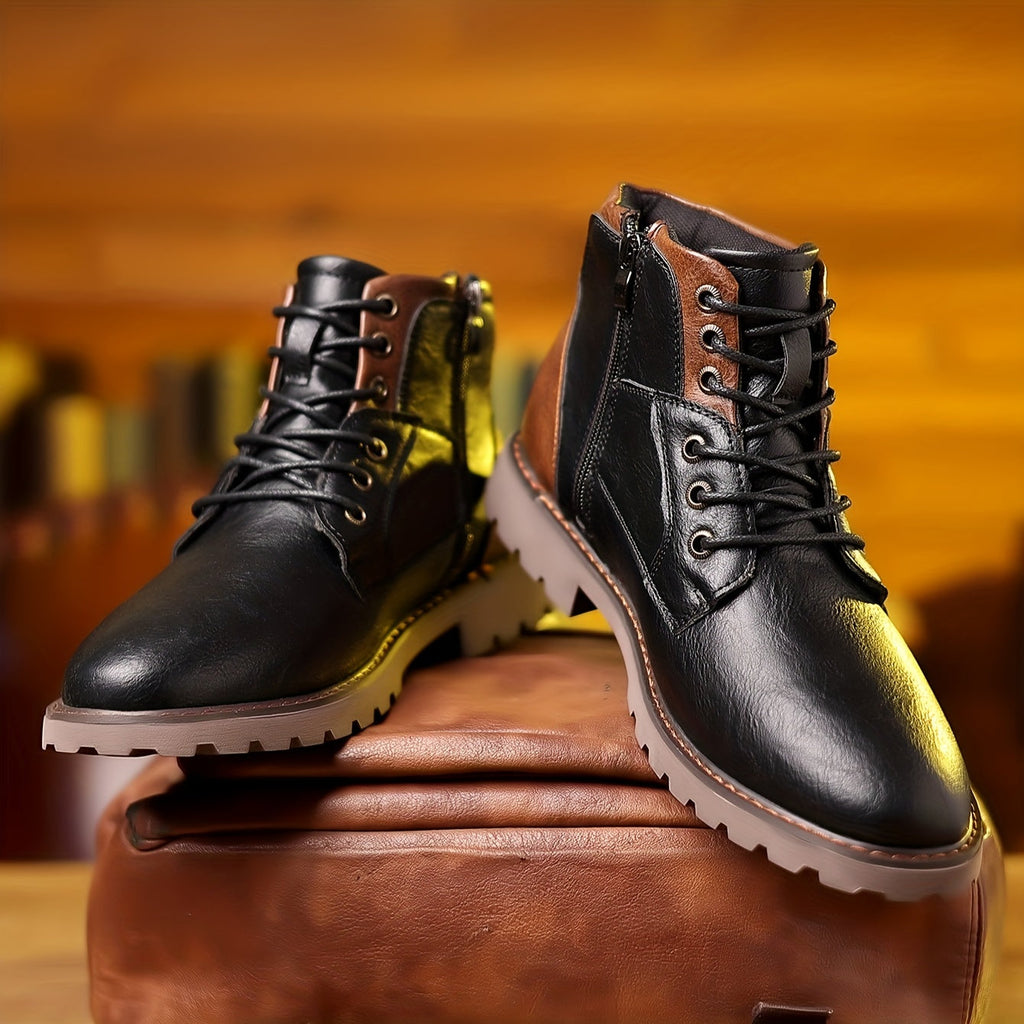 Bottes en cuir noir et marron pour homme avec lacets et fermeture éclair, posées sur un pouf en cuir, style robuste et moderne, fond flou.