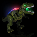 Dinosaure jouet T-Rex vert avec lumières LED colorées sur le dos, yeux lumineux, fond noir. Jouet interactif pour enfants, dinosaure lumineux.