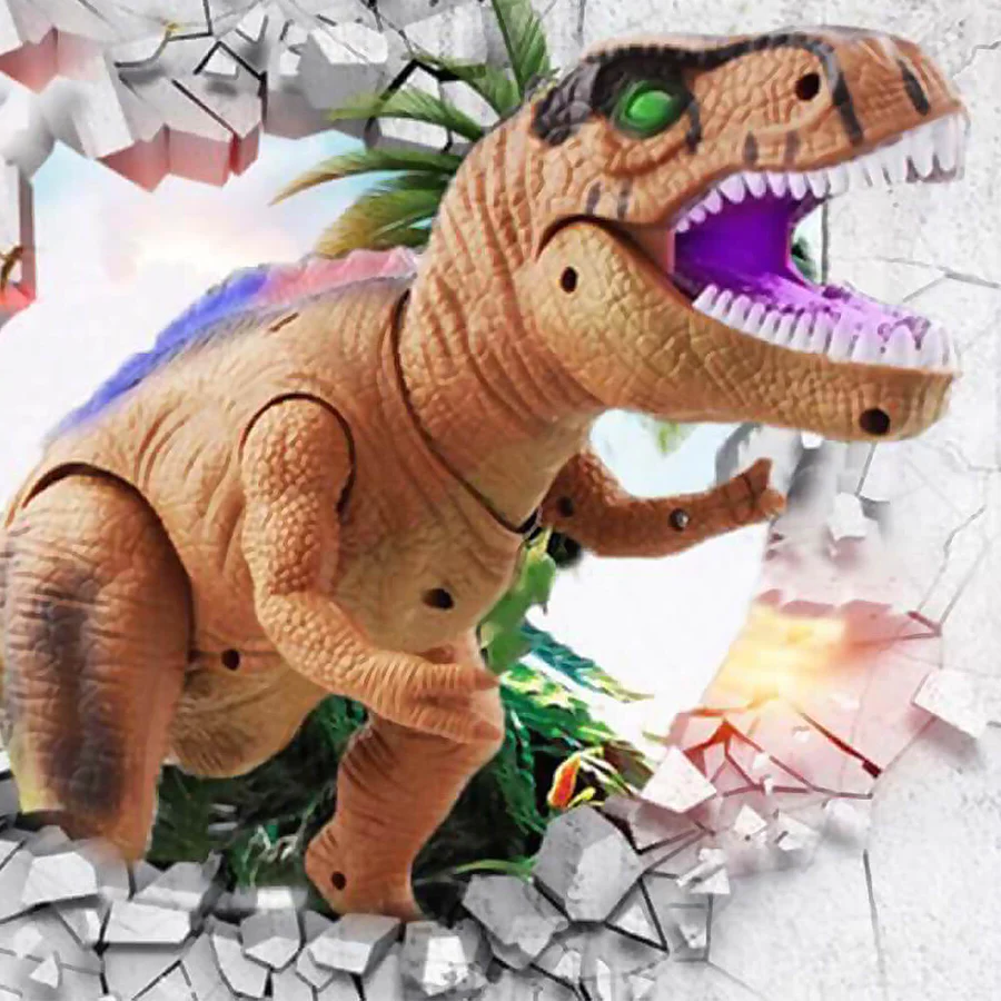 Jouet dinosaure T-Rex en plastique marron avec dents violettes, yeux verts, entouré de décorations de jungle et d'un mur fissuré.