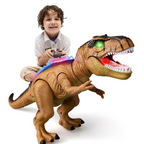 Enfant jouant avec un dinosaure jouet interactif T-Rex, yeux lumineux, télécommande en main. Jouet éducatif pour enfants, dinosaure réaliste.
