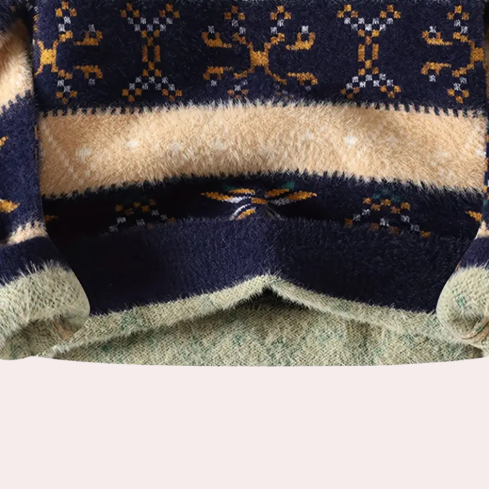 Pull en laine bleu marine avec motifs géométriques jaunes et blancs, style nordique, manches longues, col rond, texture douce et chaude.