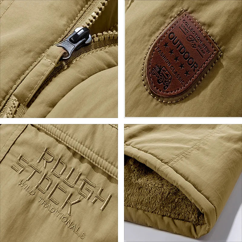 Détails d'une veste beige pour homme avec fermeture éclair robuste, écusson en cuir "Outdoor", doublure en fourrure, et broderie "Rough Stock".