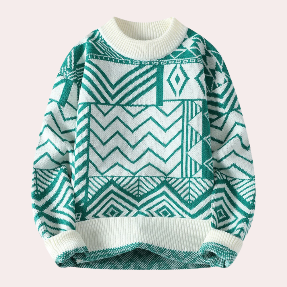 Pull en tricot vert et blanc avec motifs géométriques, col rond, manches longues. Style hivernal tendance, idéal pour mode automne-hiver.