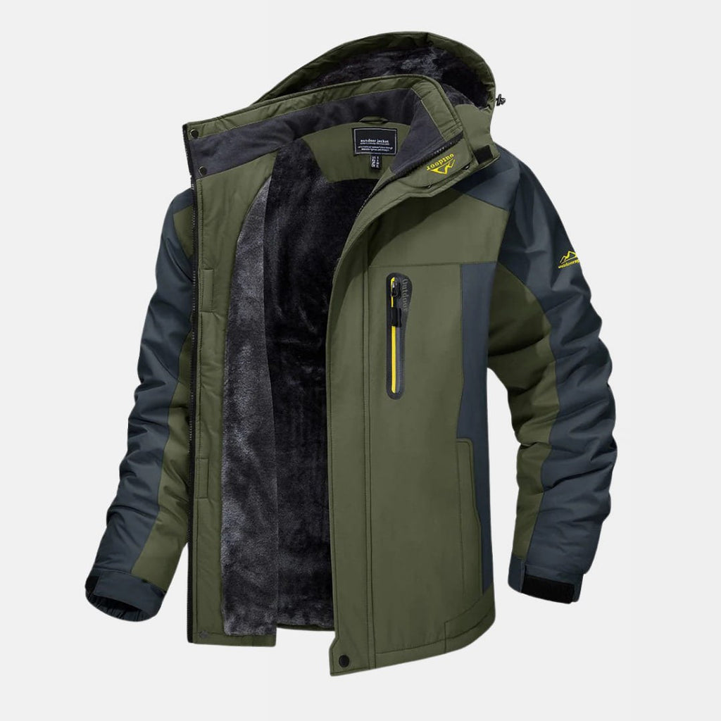 Veste d'hiver imperméable pour homme, vert et gris, avec doublure en polaire, capuche amovible et poches zippées. Idéale pour activités extérieures.