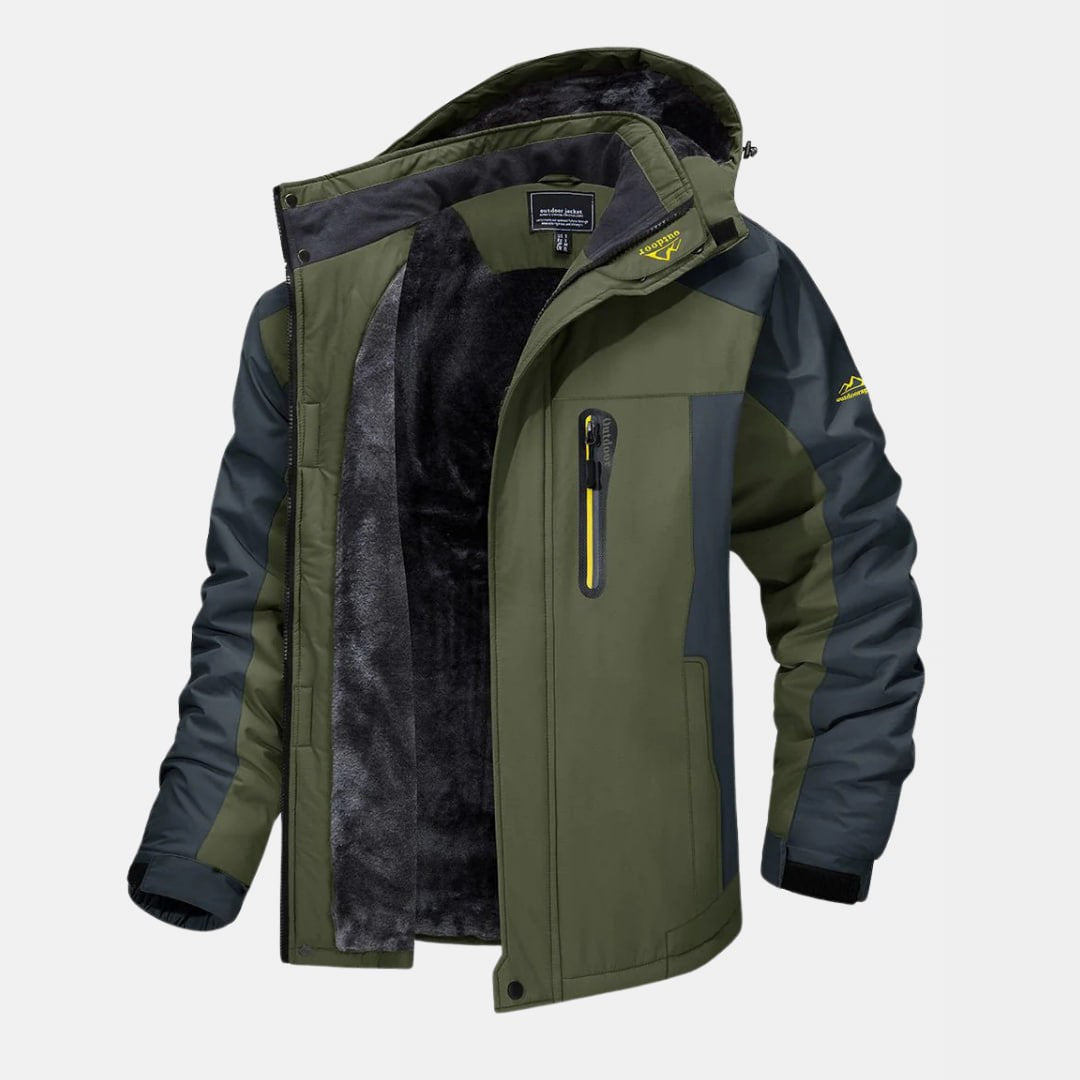 Veste d'hiver imperméable pour homme, vert et gris, avec doublure en polaire, capuche amovible et poches zippées. Idéale pour activités extérieures.