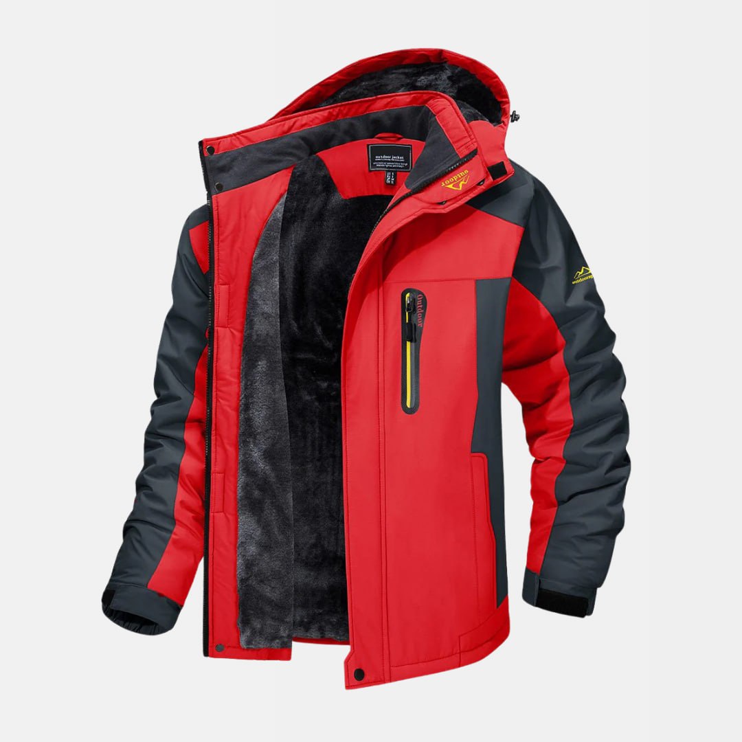 Veste de ski rouge et noire pour homme, imperméable, avec doublure en polaire, capuche amovible et poches zippées, idéale pour sports d'hiver.