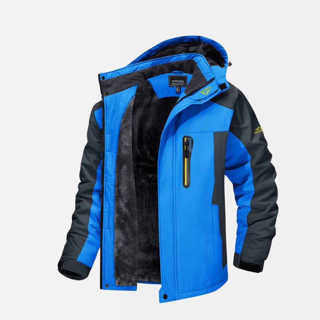 Veste de ski imperméable bleue et noire pour homme, doublure polaire, capuche amovible, fermeture éclair, idéale pour sports d'hiver et randonnée.