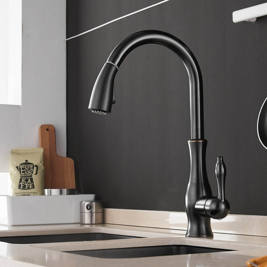 Robinet de cuisine noir moderne avec bec flexible, installé sur un évier double en acier inoxydable, contre un mur noir. Design élégant et fonctionnel.
