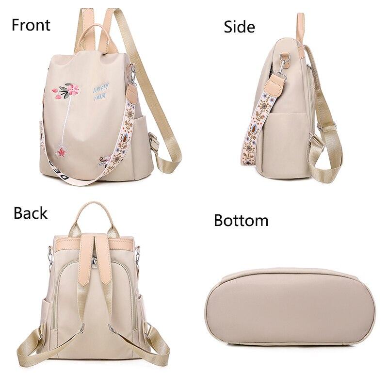 Sac à dos beige multifonctionnel pour femme, vue avant, arrière, côté et dessous. Design floral, bretelles ajustables, mode et pratique.
