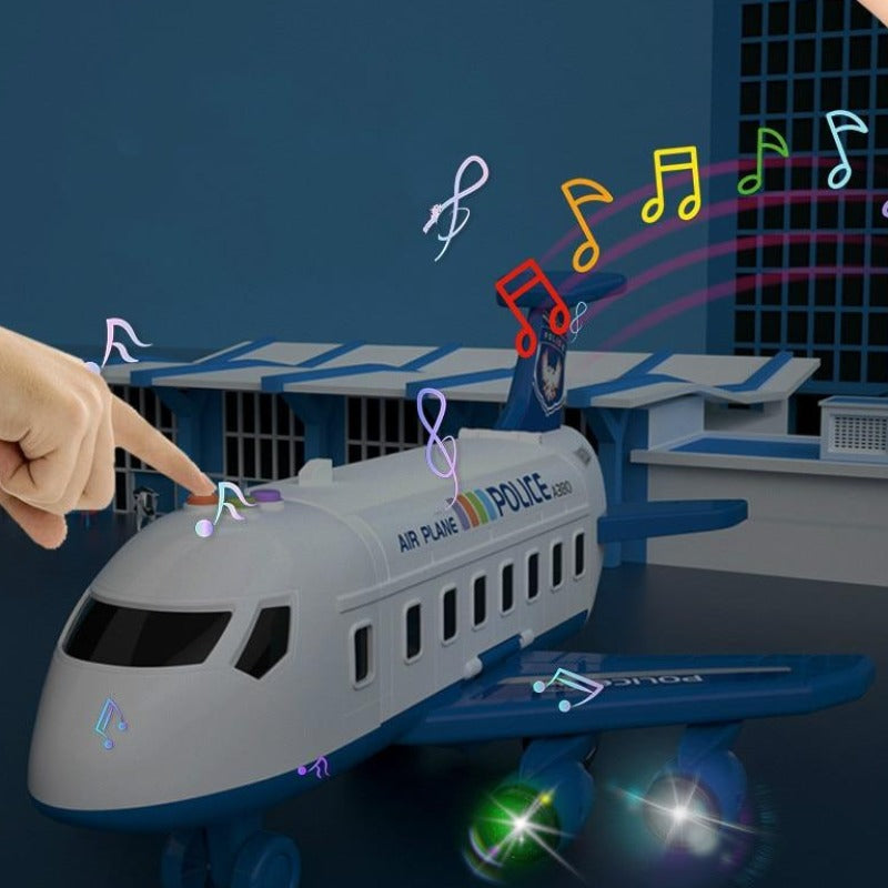 Jouet avion de police bleu et blanc avec effets sonores musicaux colorés, doigt interagissant, arrière-plan d'aéroport miniature.