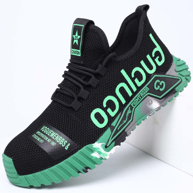 Chaussure de sport noire et verte, design moderne, semelle épaisse, logo "Lecunco" visible, idéale pour running et fitness.