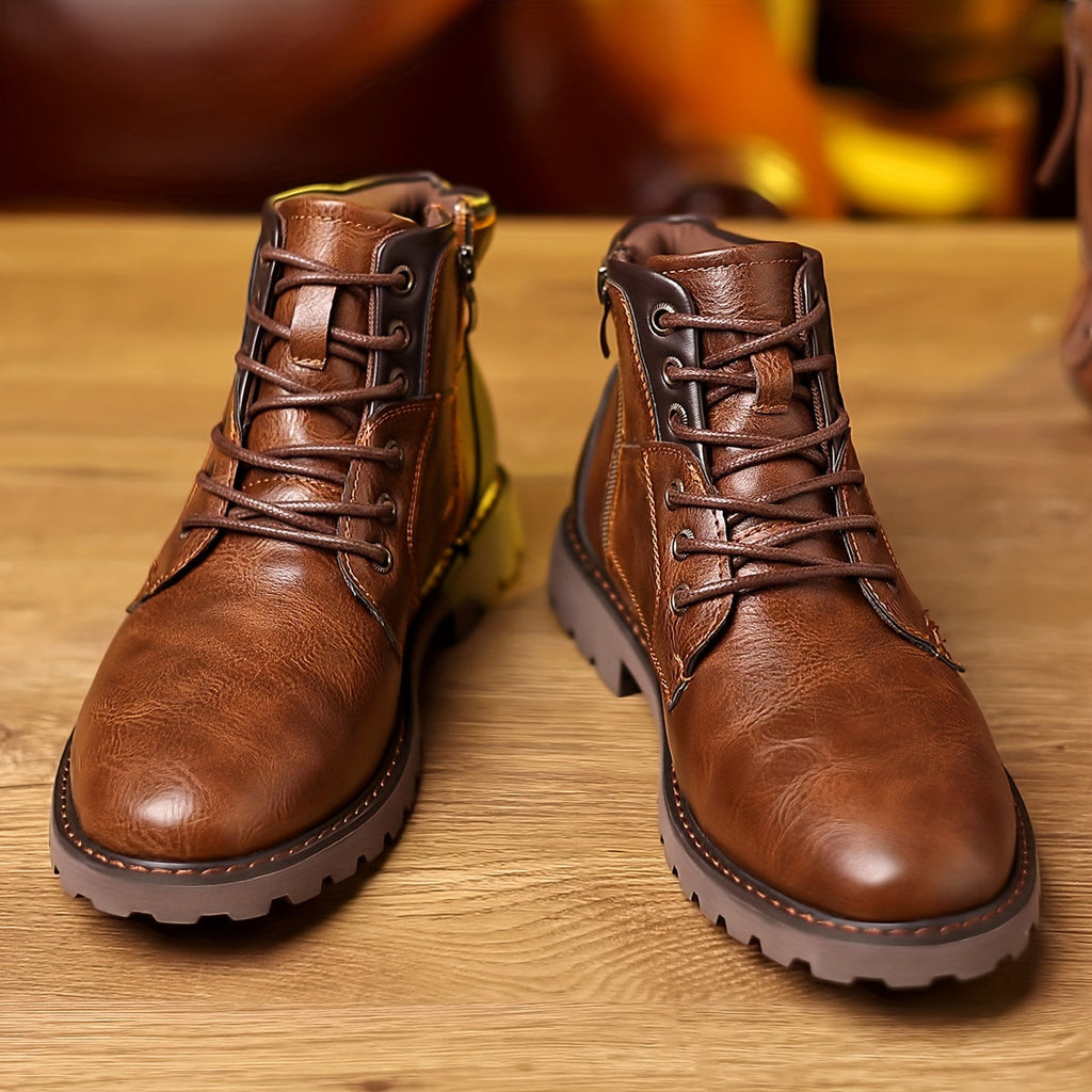Bottes en cuir marron pour homme sur fond en bois, lacets robustes, semelles épaisses. Chaussures élégantes et durables pour l'hiver.