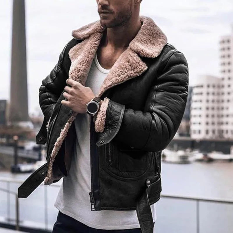 Homme portant un blouson aviateur en cuir noir avec col en fourrure, debout devant un paysage urbain moderne. Mode masculine, style hiver.