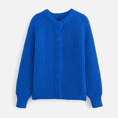 Gilet en laine bleu vif, tricoté, avec boutons assortis, manches longues et col rond. Mode automne-hiver, vêtement chaud et confortable.