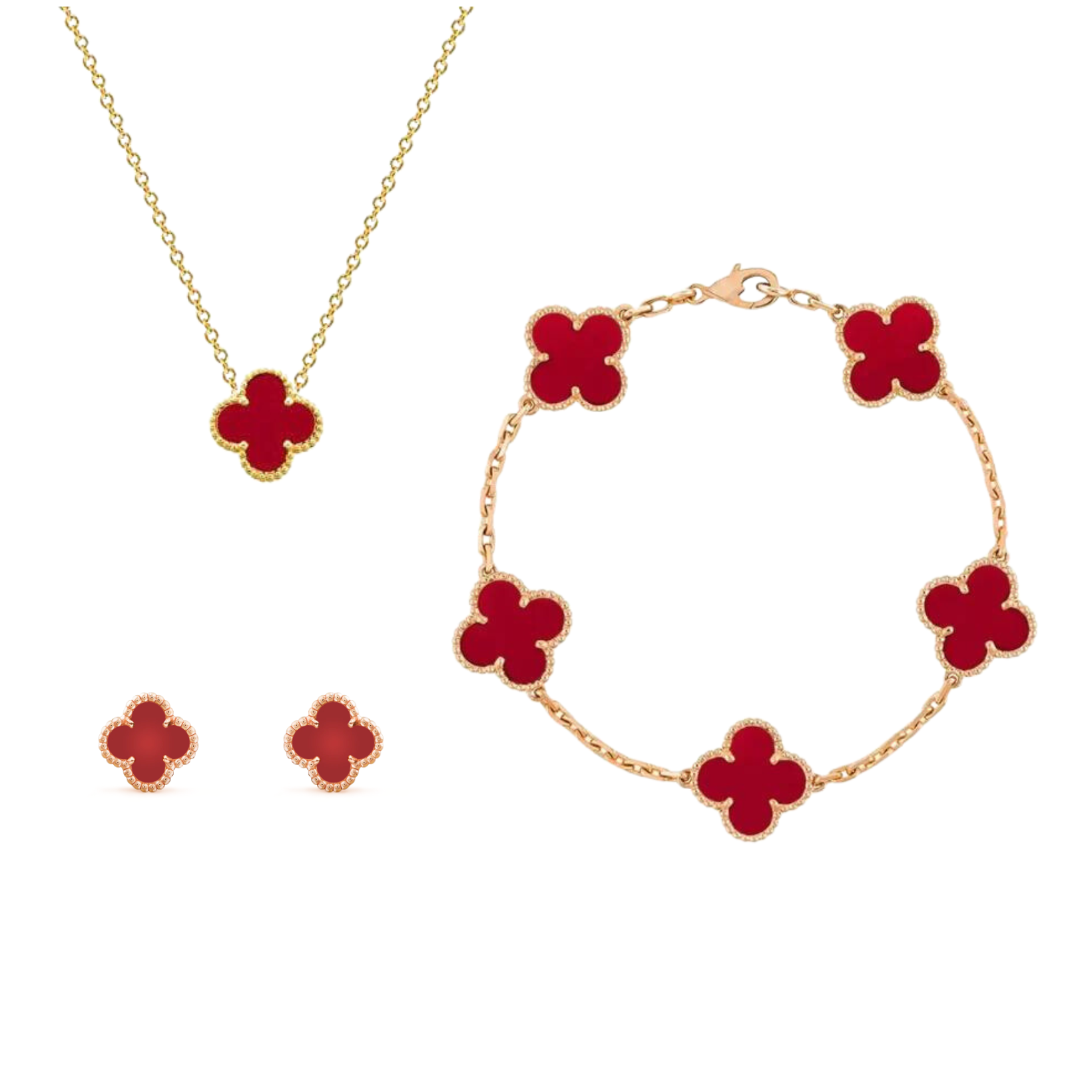 Collier, bracelet et boucles d'oreilles en or avec motifs trèfle rouge. Bijoux élégants, design floral, luxe, mode féminine.