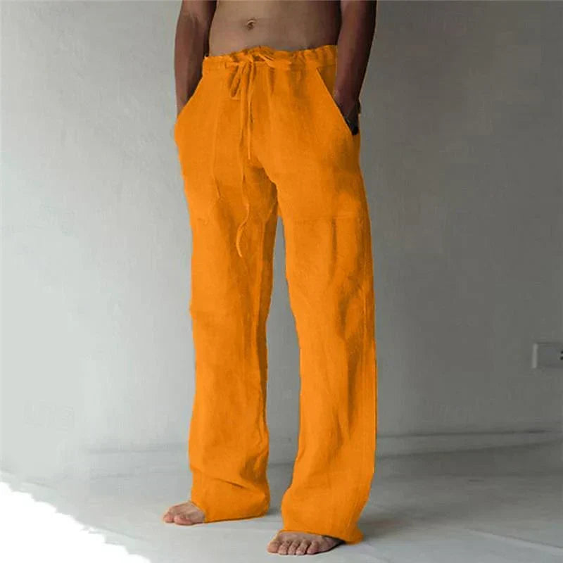 Pantalon ample en lin orange pour homme, style décontracté, avec cordon de serrage, poches latérales, idéal pour l'été et les tenues décontractées.