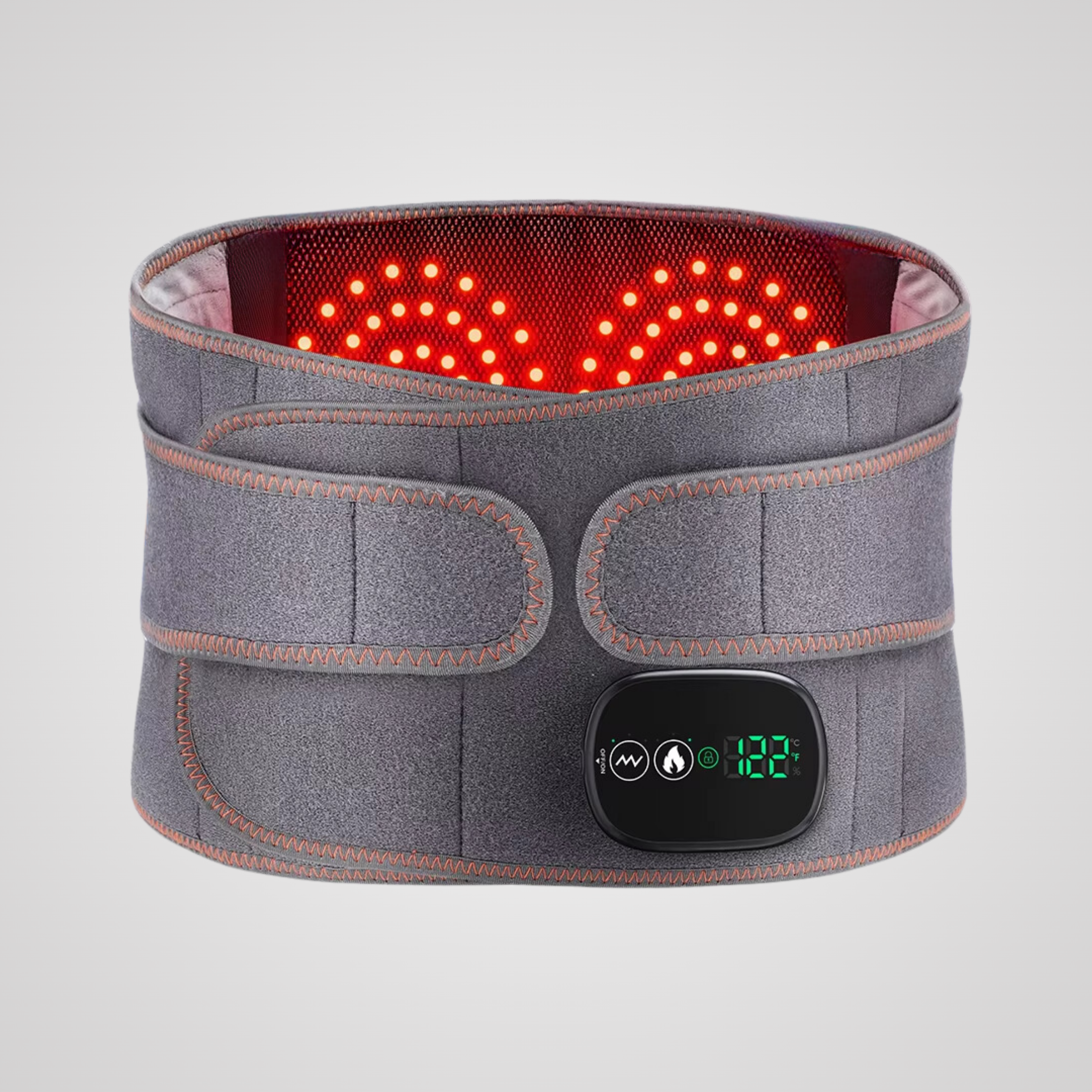 Ceinture de massage chauffante grise avec affichage numérique, thérapie infrarouge, soulagement des douleurs lombaires, bien-être, relaxation.