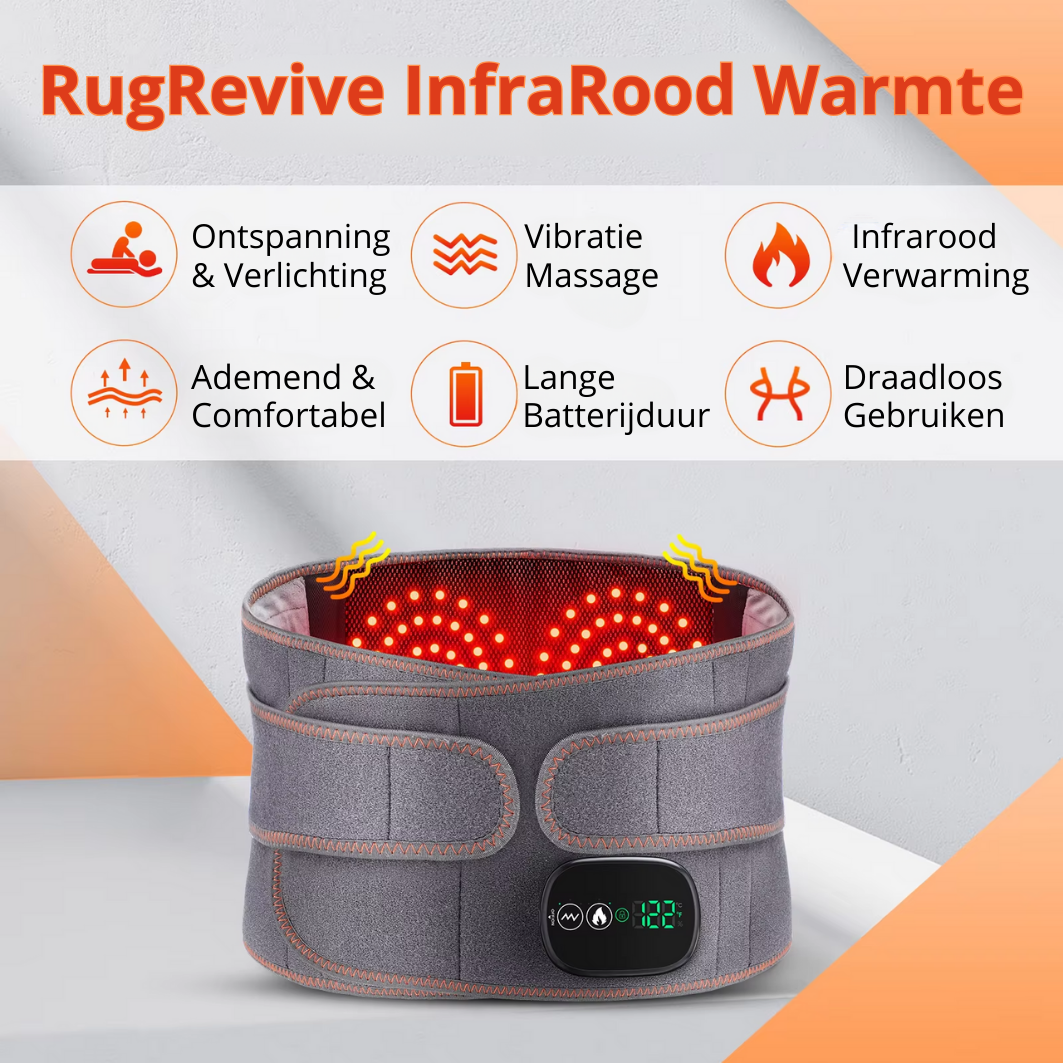 Ceinture chauffante infrarouge RugRevive, massage vibrant, relaxation, soulagement, sans fil, longue autonomie, confort respirant, affichage numérique.