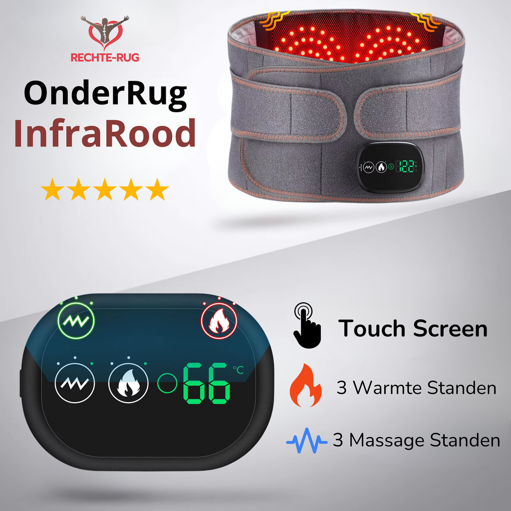 Ceinture chauffante infrarouge avec écran tactile, affichant 66°C. Trois niveaux de chaleur et massage. Marque Rechterug, design ergonomique.