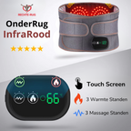 Ceinture chauffante infrarouge avec écran tactile, affichant 66°C. Trois niveaux de chaleur et massage. Marque Rechterug, design ergonomique.