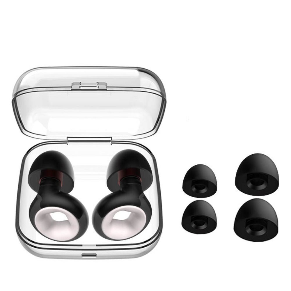 Écouteurs sans fil noirs avec boîtier transparent, embouts interchangeables, design moderne. Accessoire audio portable, technologie Bluetooth.