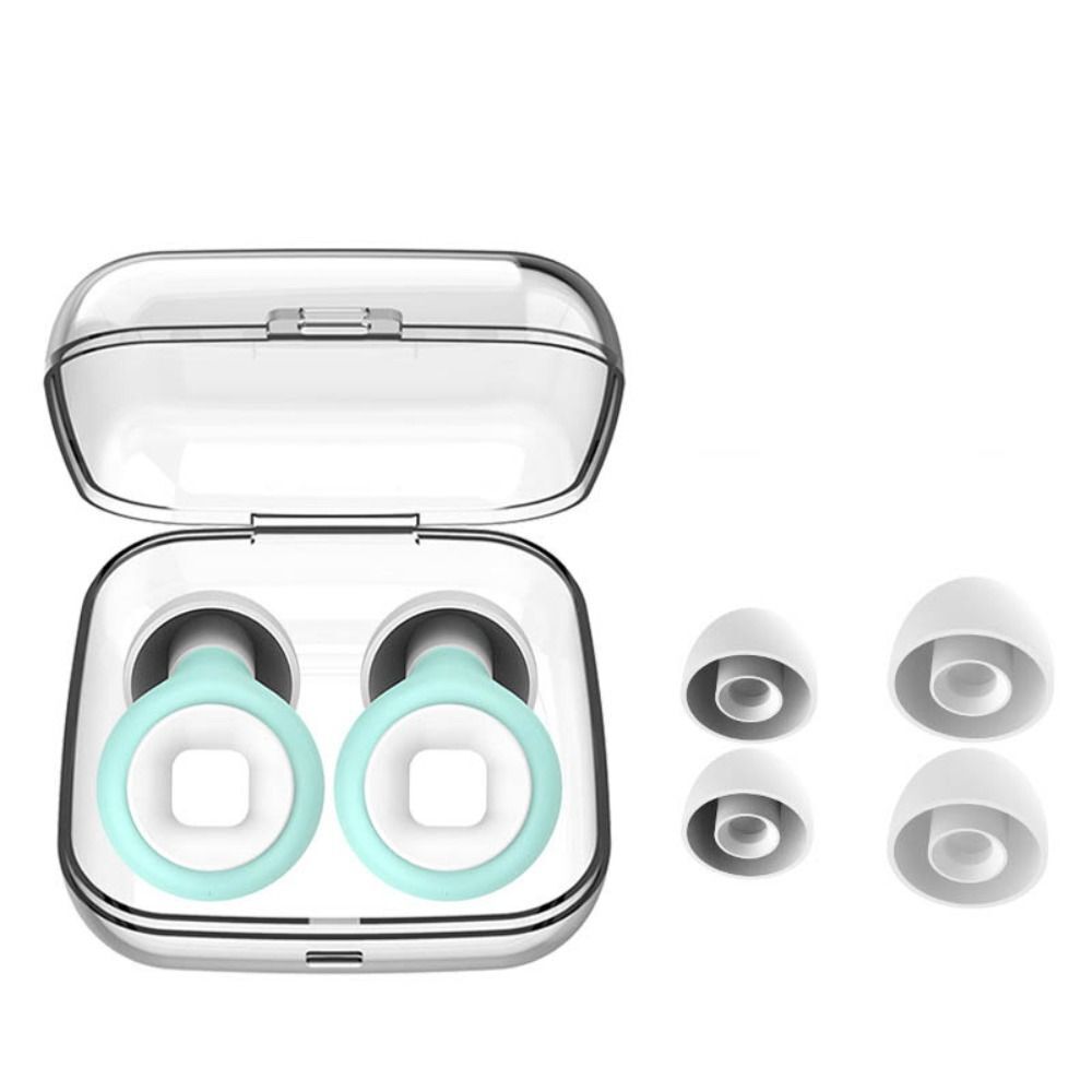 Étui transparent avec écouteurs sans fil Bluetooth, embouts interchangeables, design moderne, technologie audio avancée, accessoires inclus.