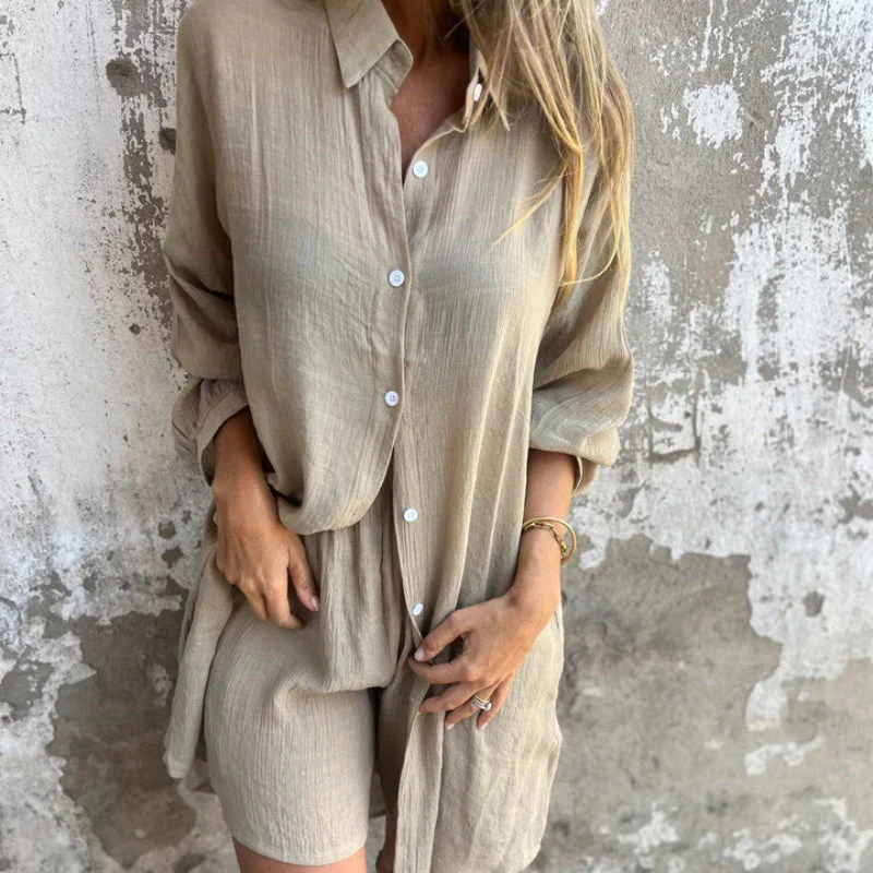 Conjunto de lino aireado: blusa y pantalones cortos de talla grande